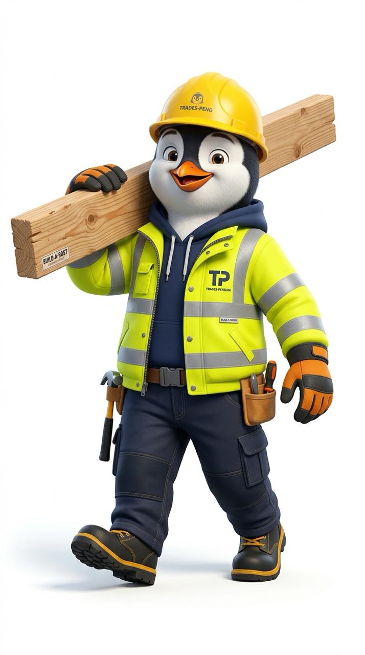 Percy the Pricing Penguin carrying a length of timber