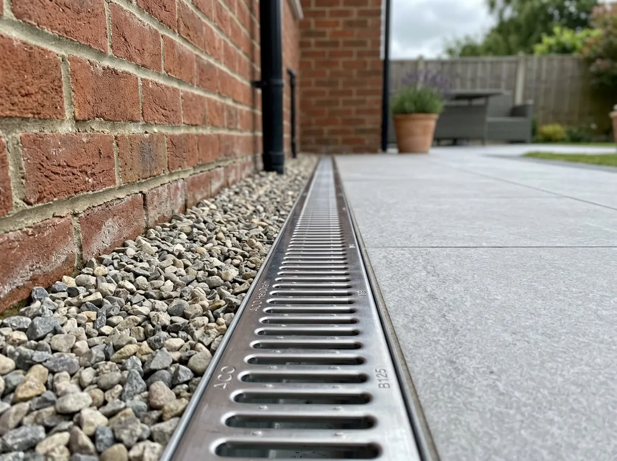 Heavy duty galvanised steel grate on a channel drain across a driveway entrance