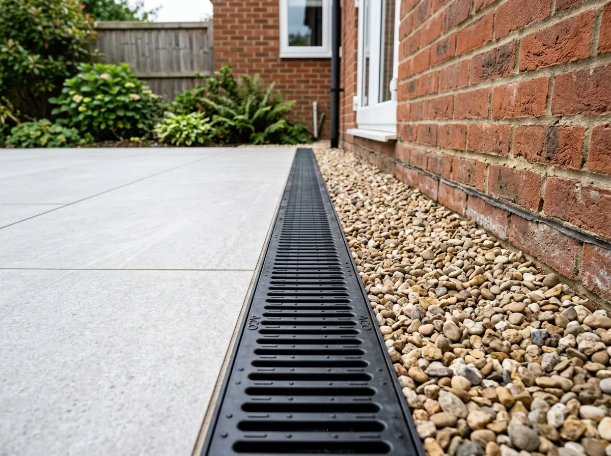 Standard black plastic grid Aco drain installed along the edge of a block paved driveway