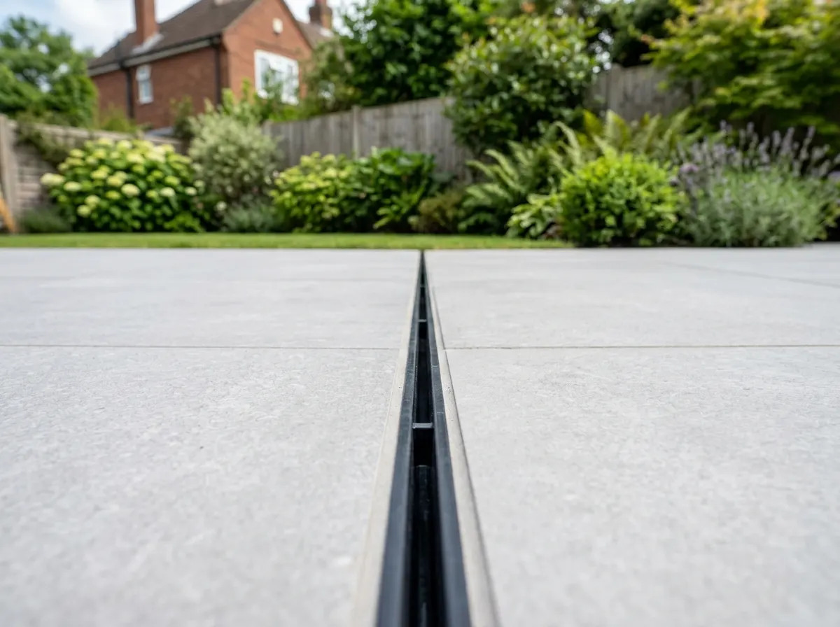Minimalist architectural slot drain showing just a thin 10mm gap between sleek porcelain patio tiles
