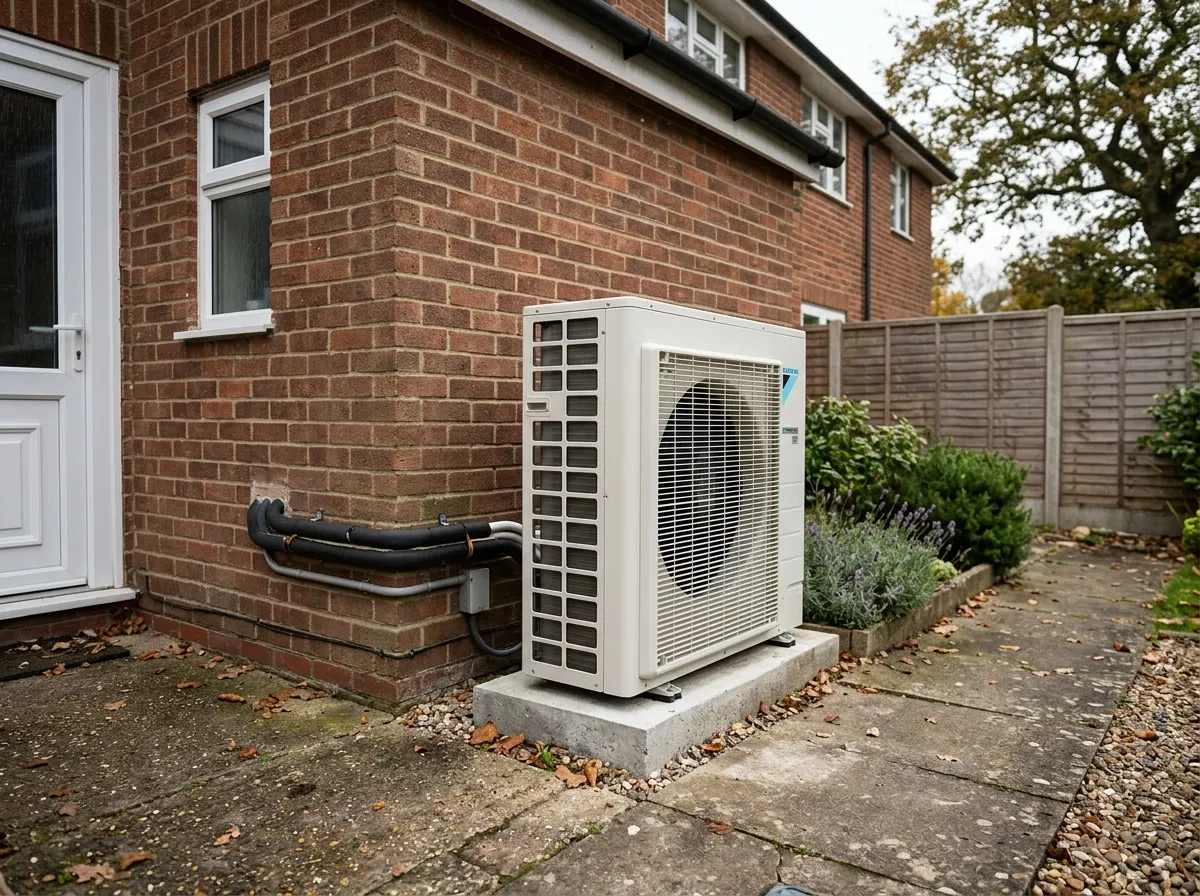 Large white fan unit of an air source heat pump installed outside a home