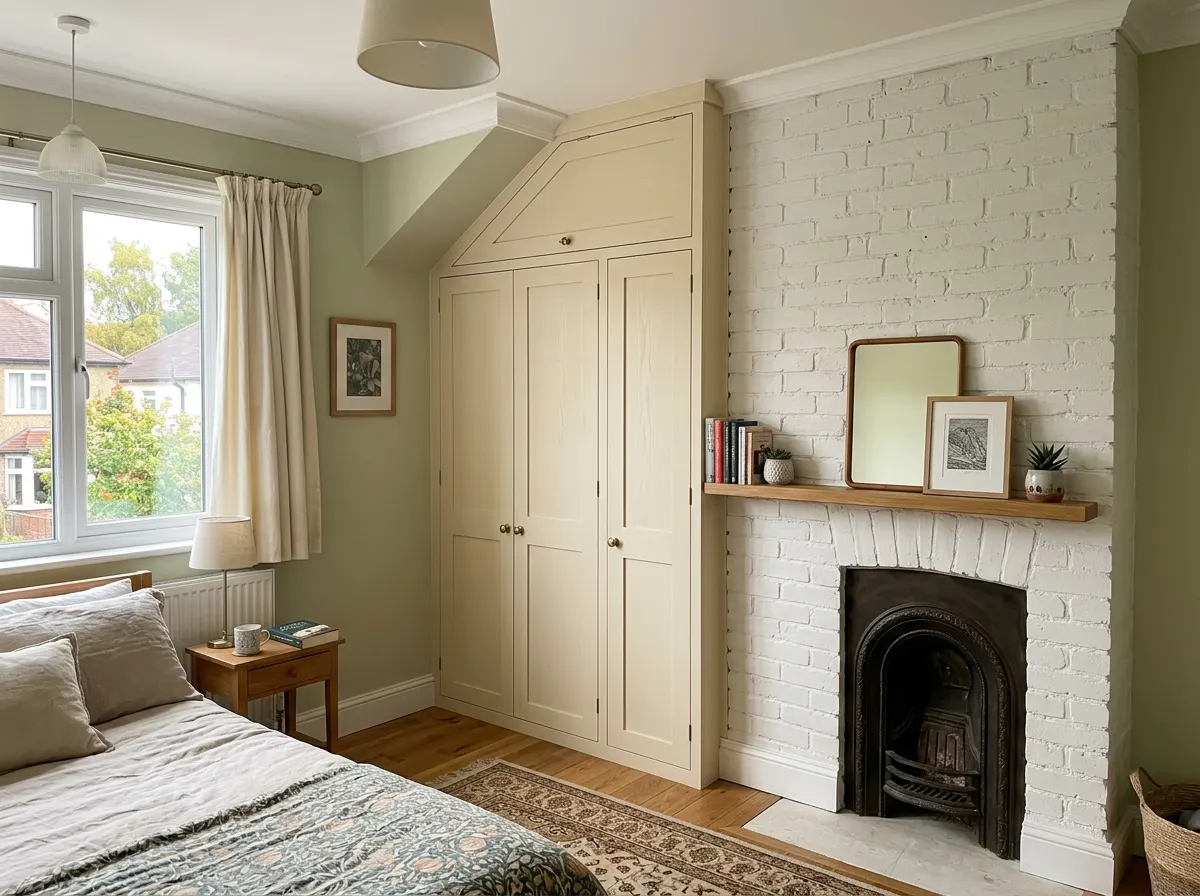 A fitted wardrobe built snugly into the alcove next to a chimney breast