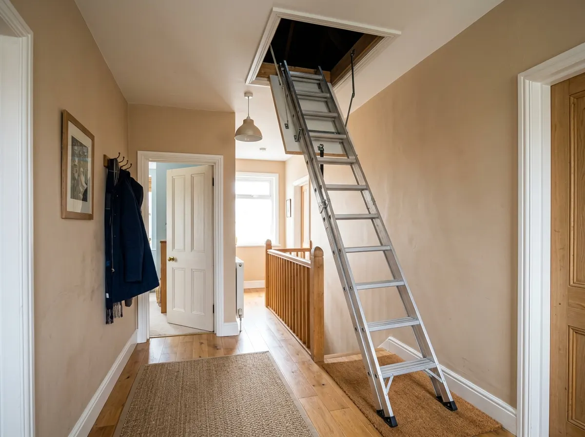 A basic two section aluminium sliding loft ladder extending down from a hatch