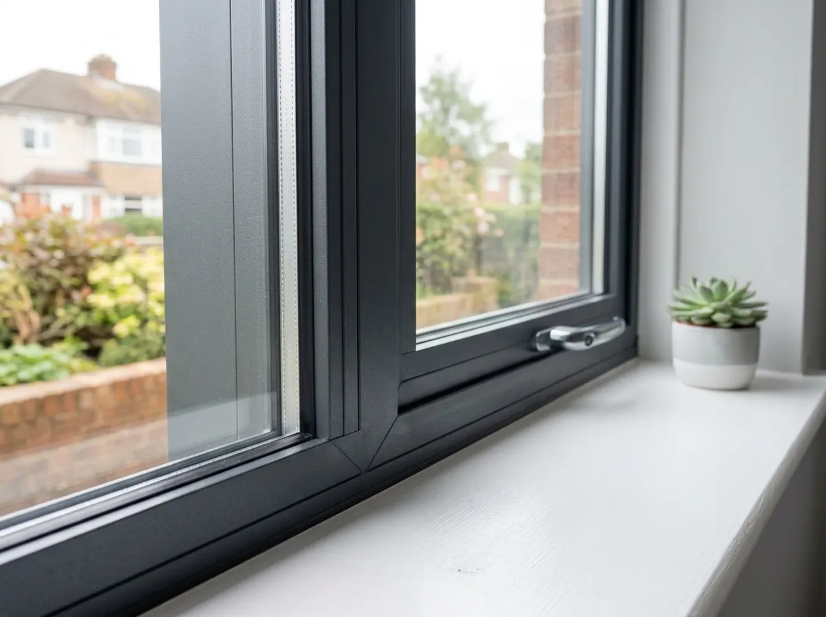 Sleek modern dark grey aluminium window frames with slim sightlines