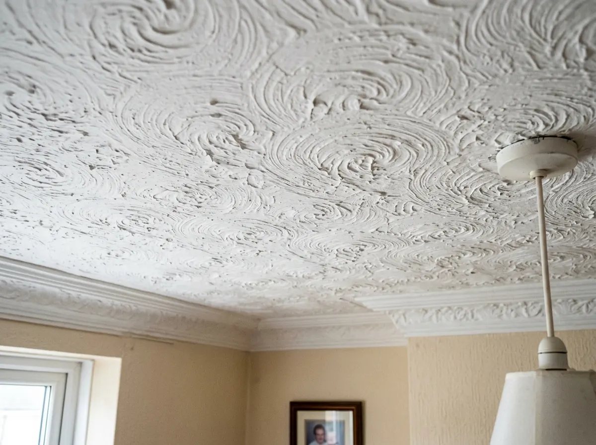 A highly textured stipple swirl pattern Artex ceiling which often contains white asbestos