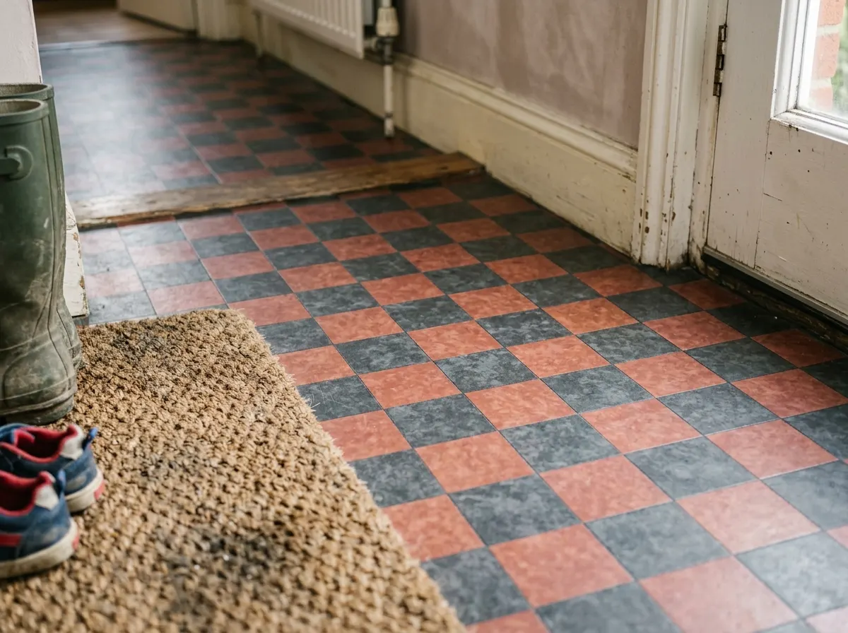 Old vinyl floor tiles lifting up in a kitchen, a common place to find asbestos in the tiles and the black mastic adhesive