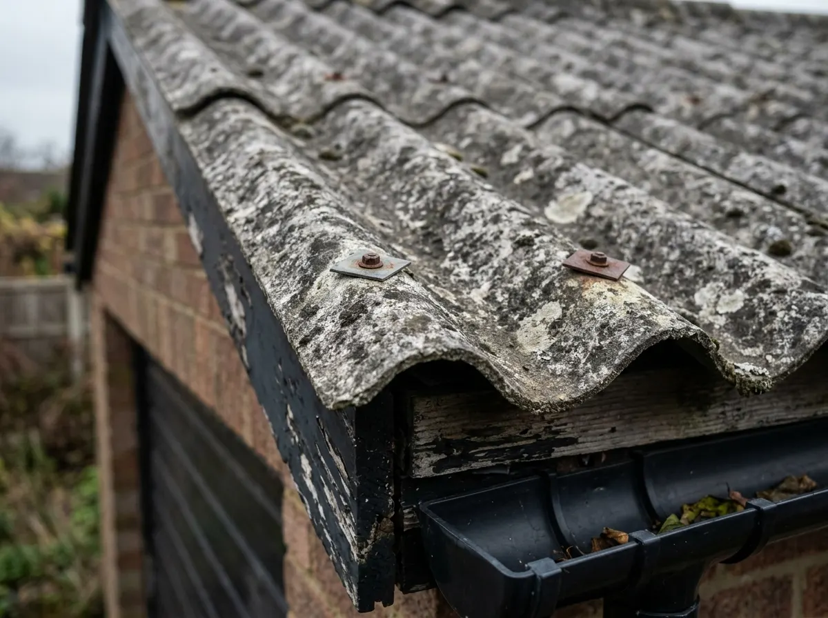Grey corrugated asbestos cement sheets on the roof of an old residential garage