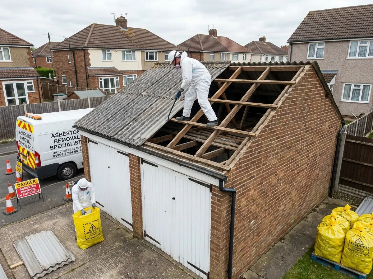 Professional asbestos removal specialists wearing full hazmat suits and respirators carefully removing corrugated roof sheets