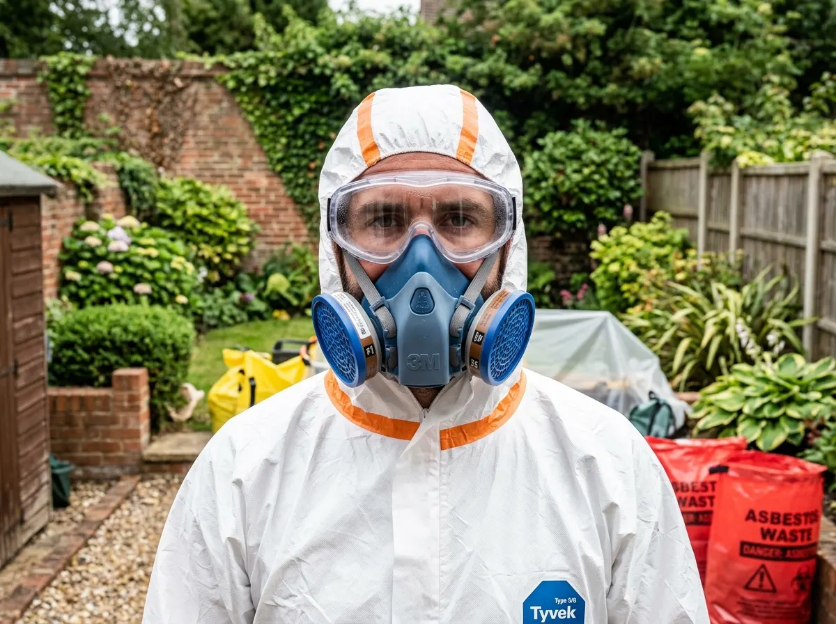A person wearing a full white disposable hazmat suit, rubber gloves, and a heavy duty FFP3 respirator mask preparing to remove asbestos