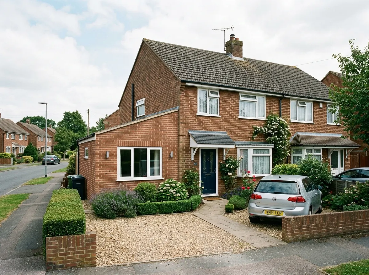 An attached garage built onto the side of a house with its own separate pitched roof