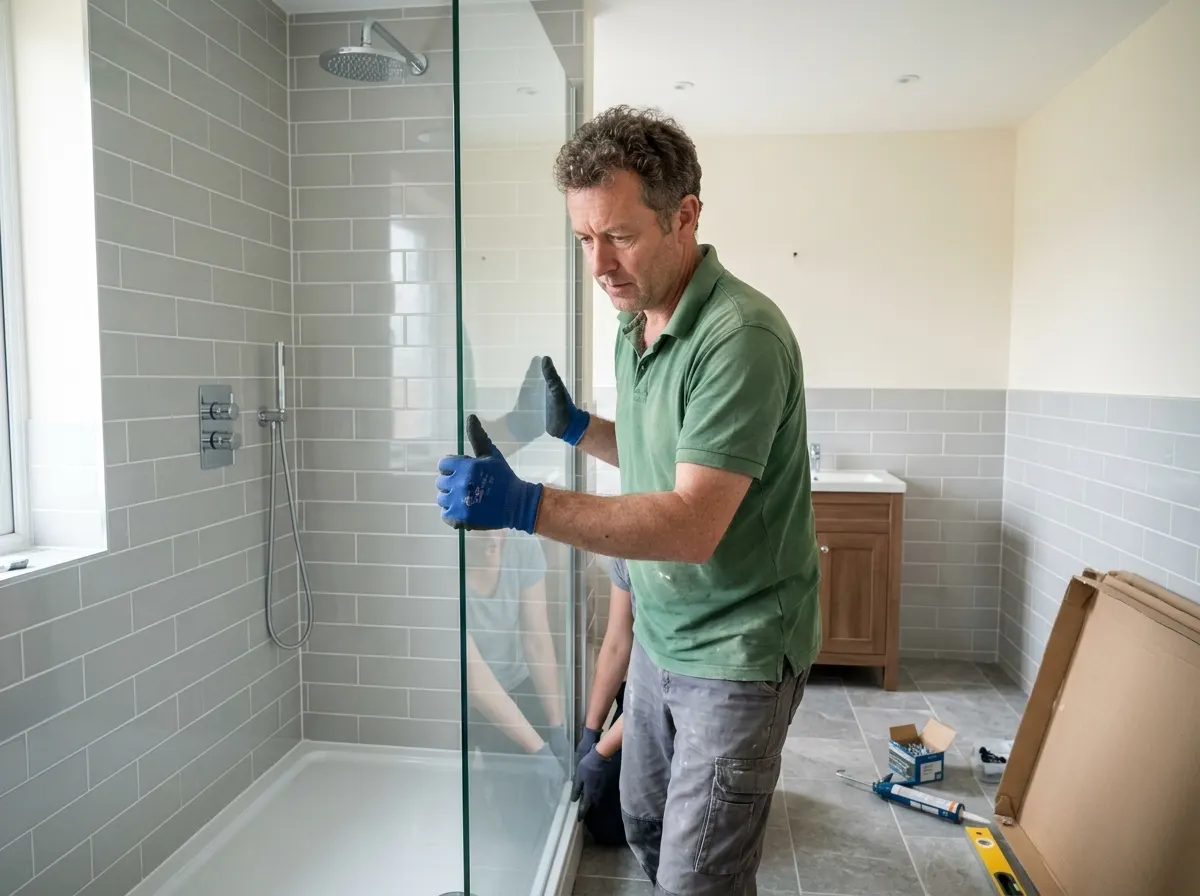 Homeowner carefully painting a bathroom wall