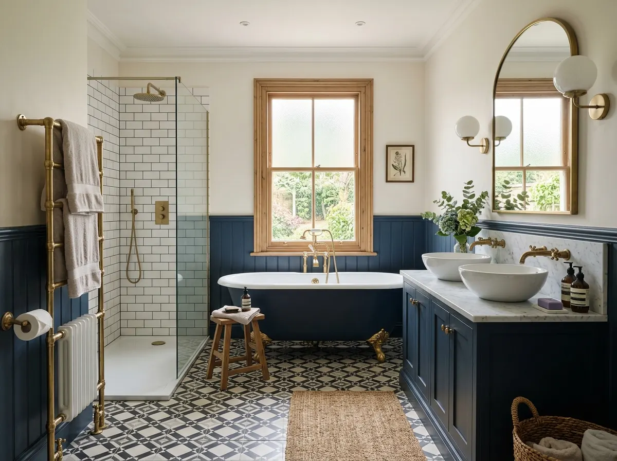 Modern renovated bathroom with freestanding bath and walk-in shower