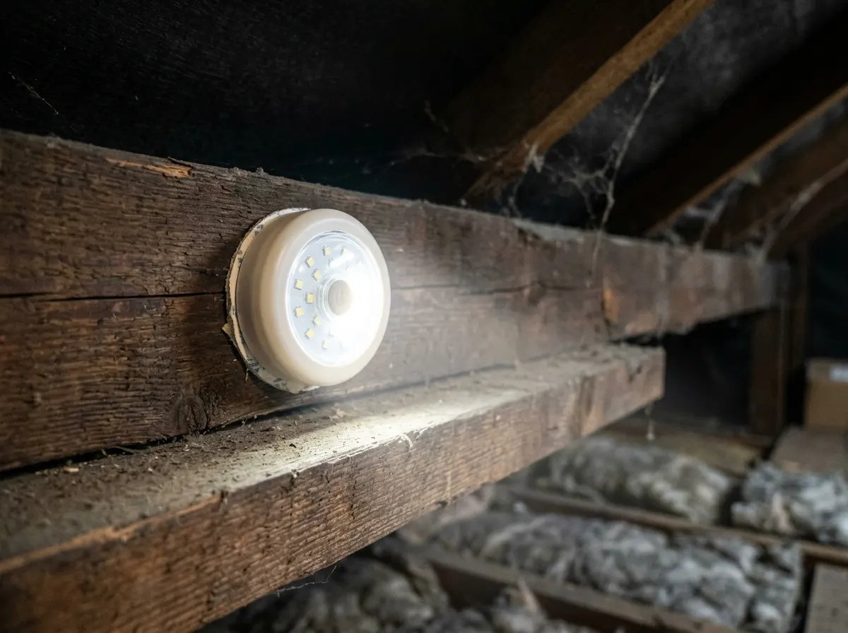 A simple battery powered push LED puck light stuck to a loft timber