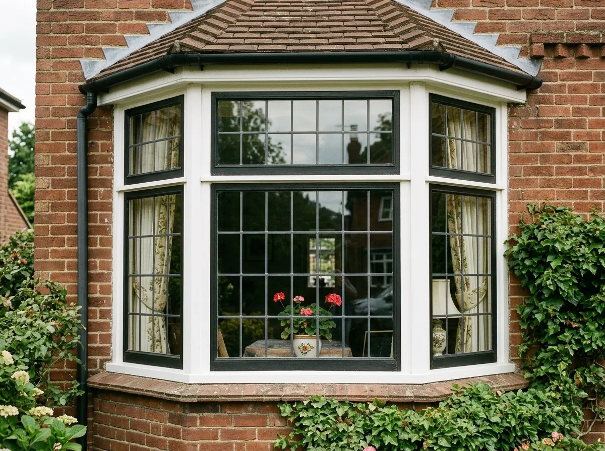 Large multi-panel uPVC bay window extending outward from a living room