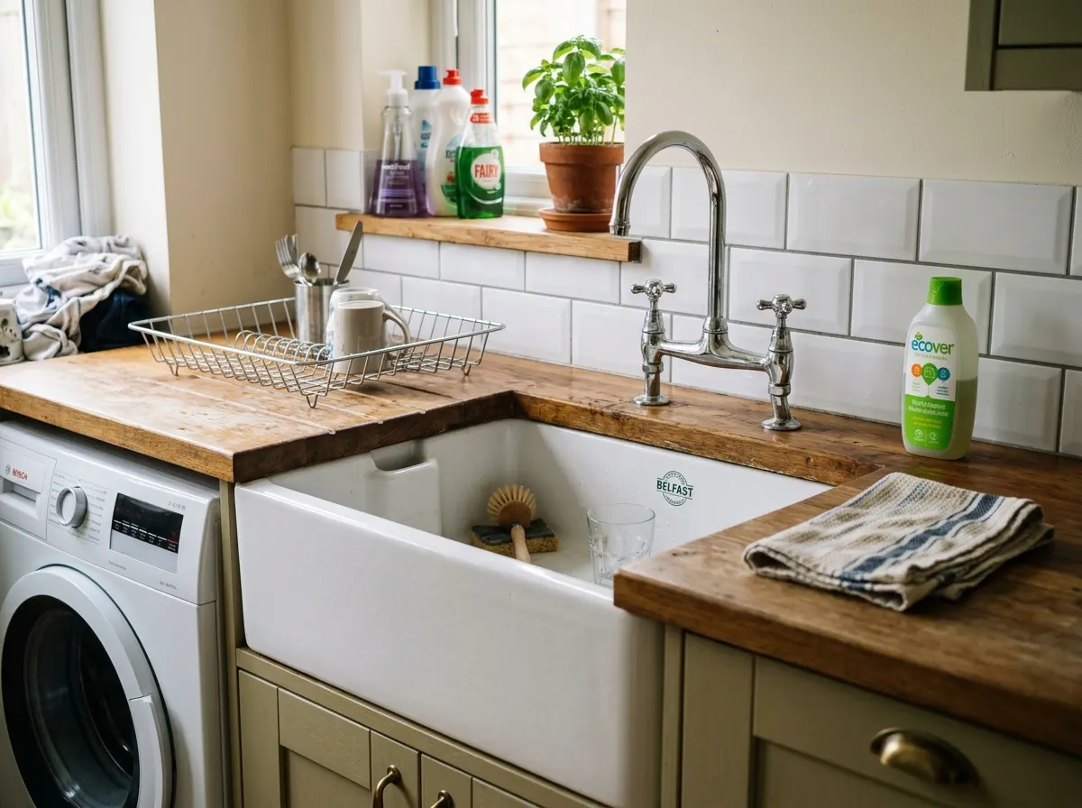 A deep ceramic Belfast sink fitted into a wooden worktop in a utility room