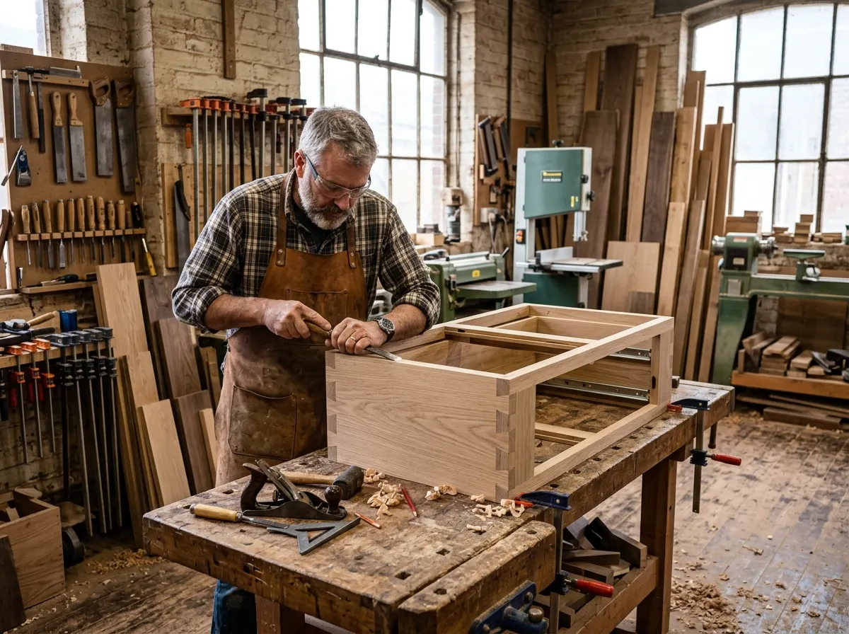 Joiner building a bespoke cabinet in a workshop