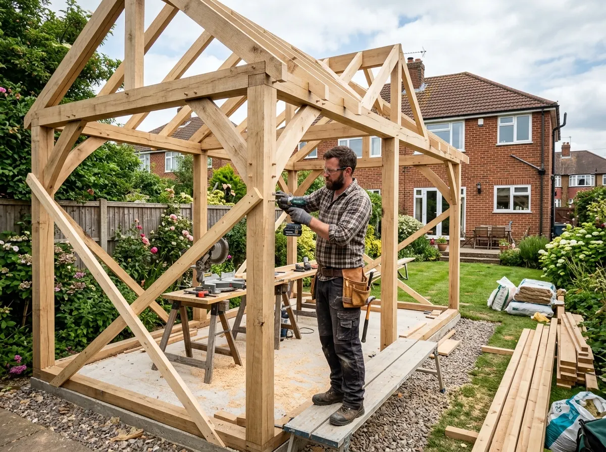 Carpenter building a bespoke timber frame garden room structure from scratch on site