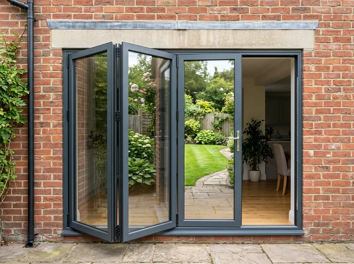A wide set of dark grey aluminium bi-fold doors folded completely open to merge indoor and outdoor spaces