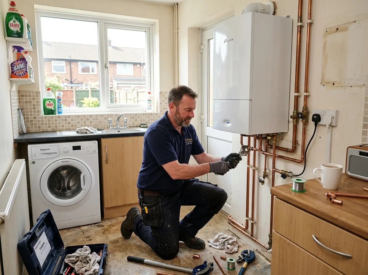 Gas Safe registered heating engineer installing a modern condensing combi boiler
