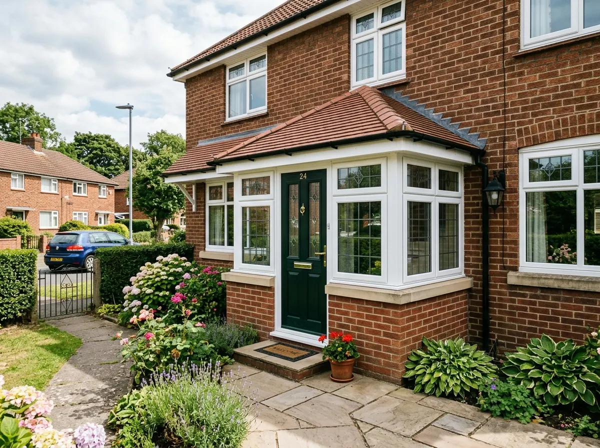 A traditional porch with a brick dwarf wall and uPVC windows above it