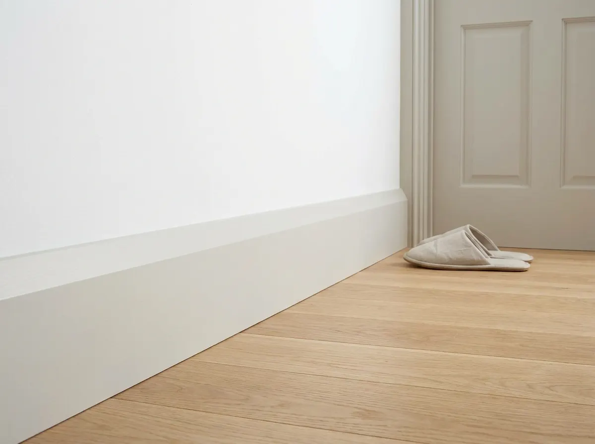 Modern chamfered skirting board with a sharp 45 degree angled sloping top edge