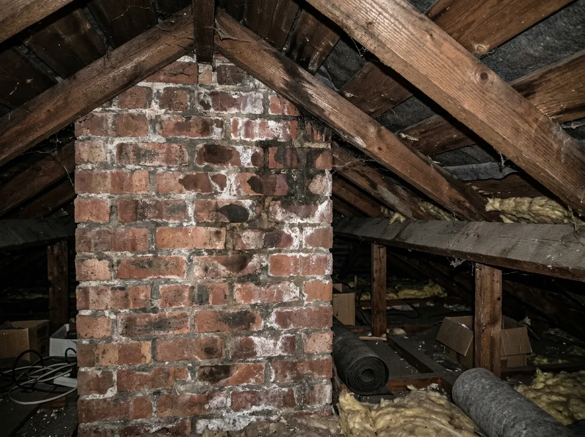 Damp stained brickwork around a chimney inside an attic indicating failed lead flashing