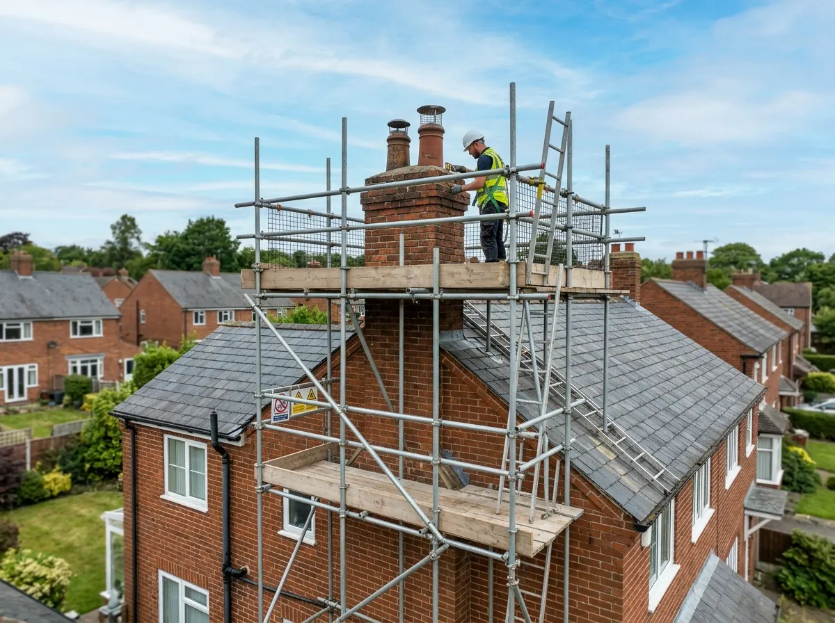 A saddle scaffold built over the ridge of a roof around a chimney stack