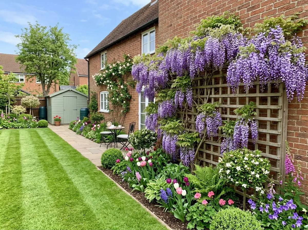 Star Jasmine and Clematis climbing up a garden fence trellis