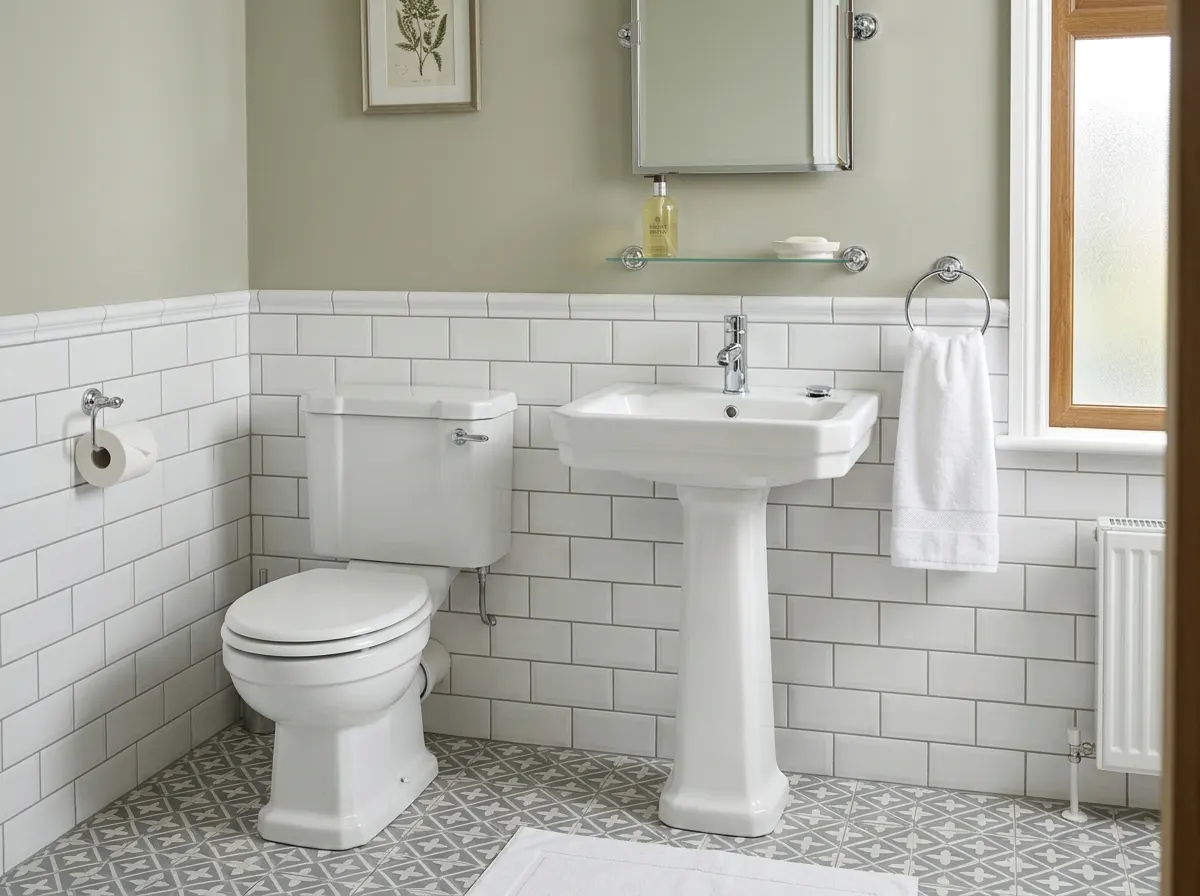Standard close-coupled toilet and pedestal basin suite