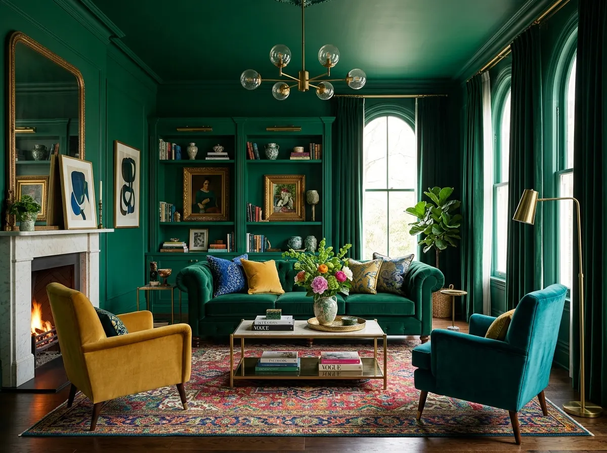 Living room painted entirely in dark green including ceiling and woodwork