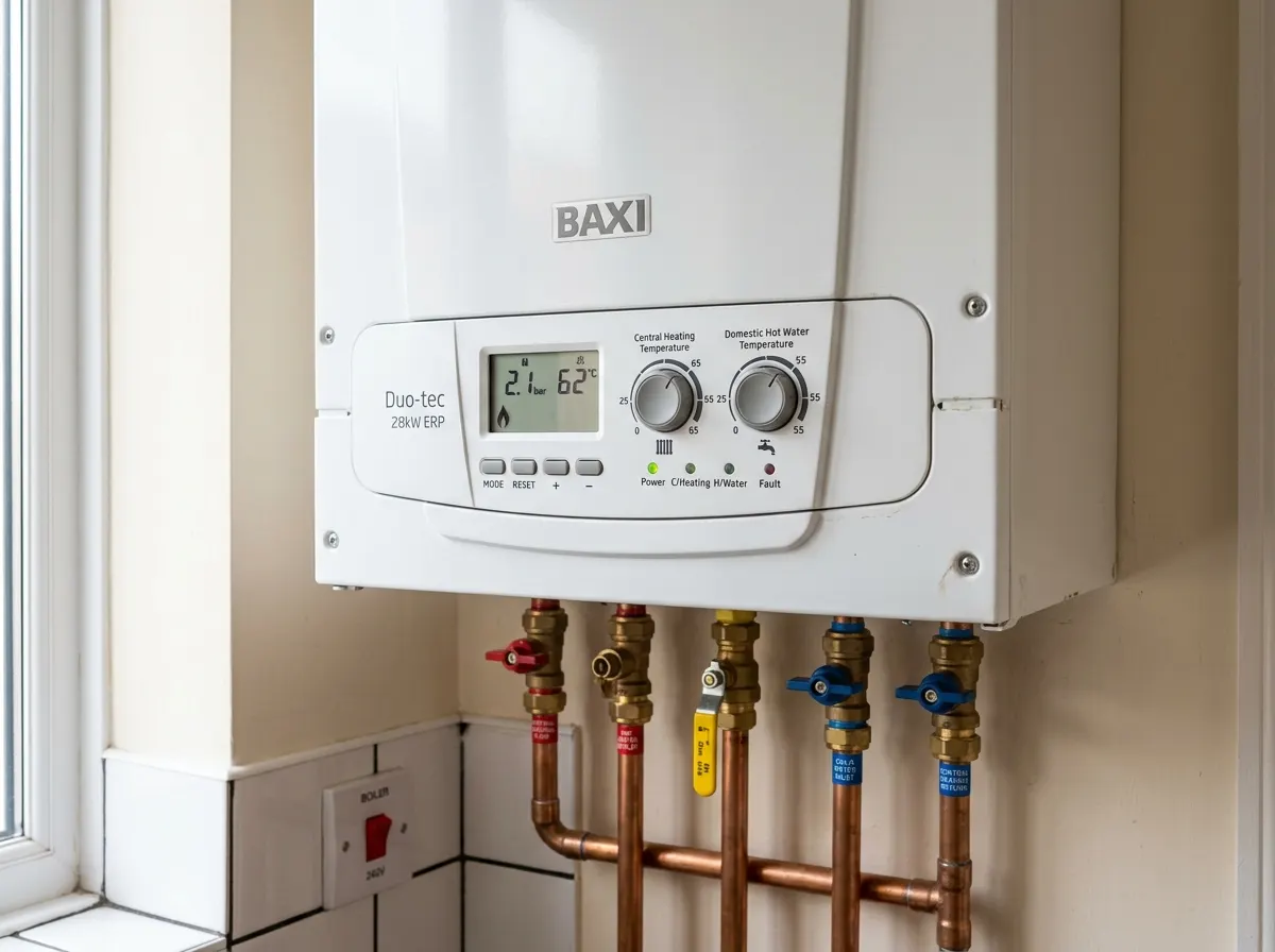 Compact modern combi boiler installed neatly inside a kitchen cupboard