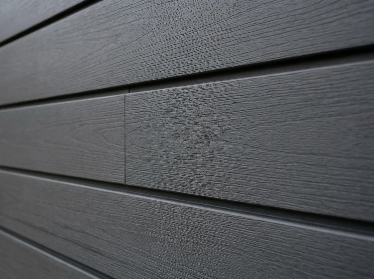 Modern dark grey composite cladding panels on a garden office
