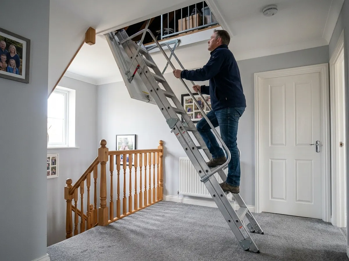 A heavy duty metal concertina scissor action loft ladder