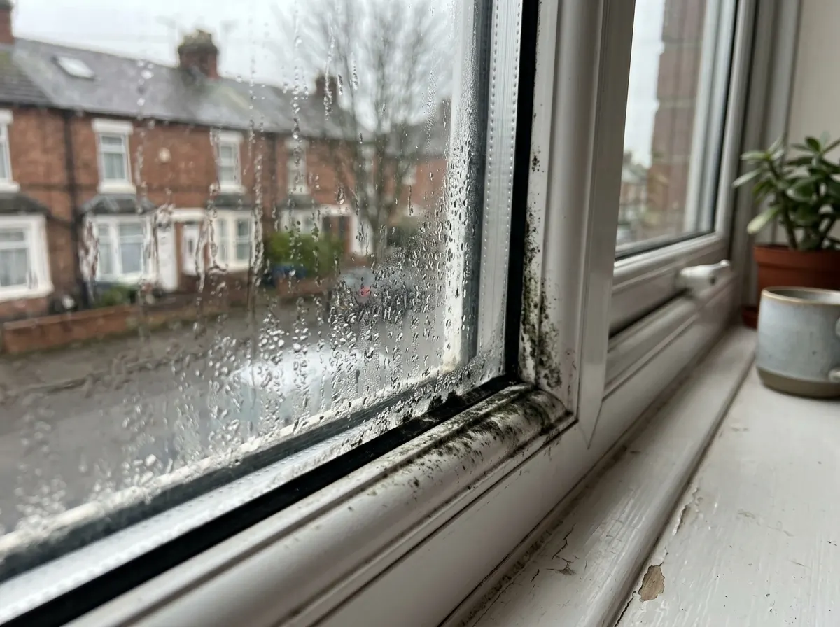 Toxic black mould spores growing in the corner of a bedroom ceiling due to condensation