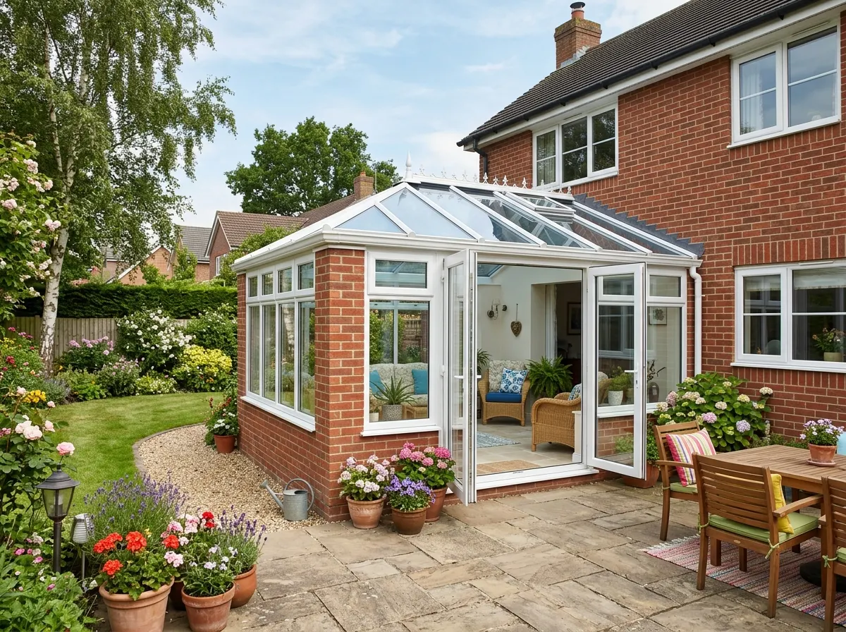 A modern brick dwarf-wall conservatory with a solid tiled warm roof and bi-fold doors opening onto a garden patio