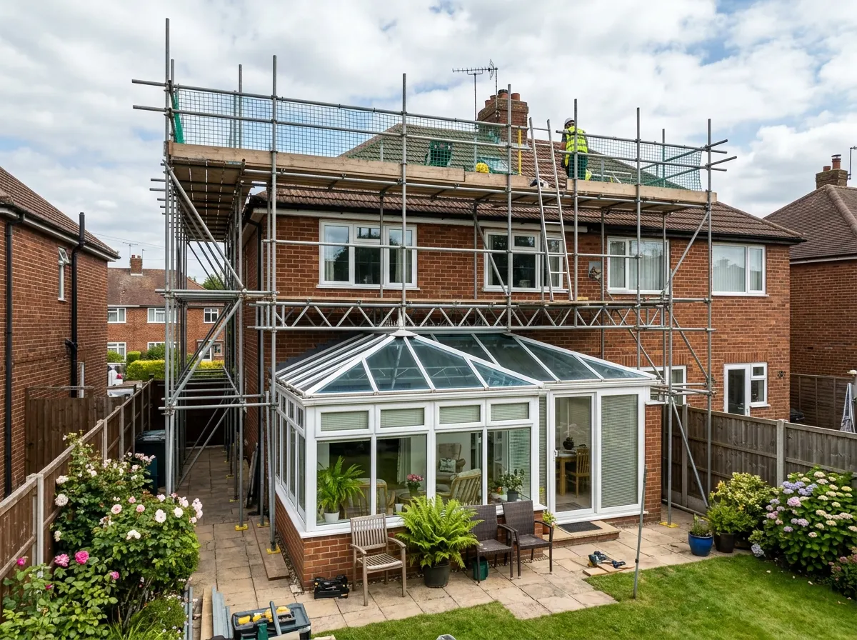 Heavy steel beams bridging scaffolding safely over a fragile glass conservatory