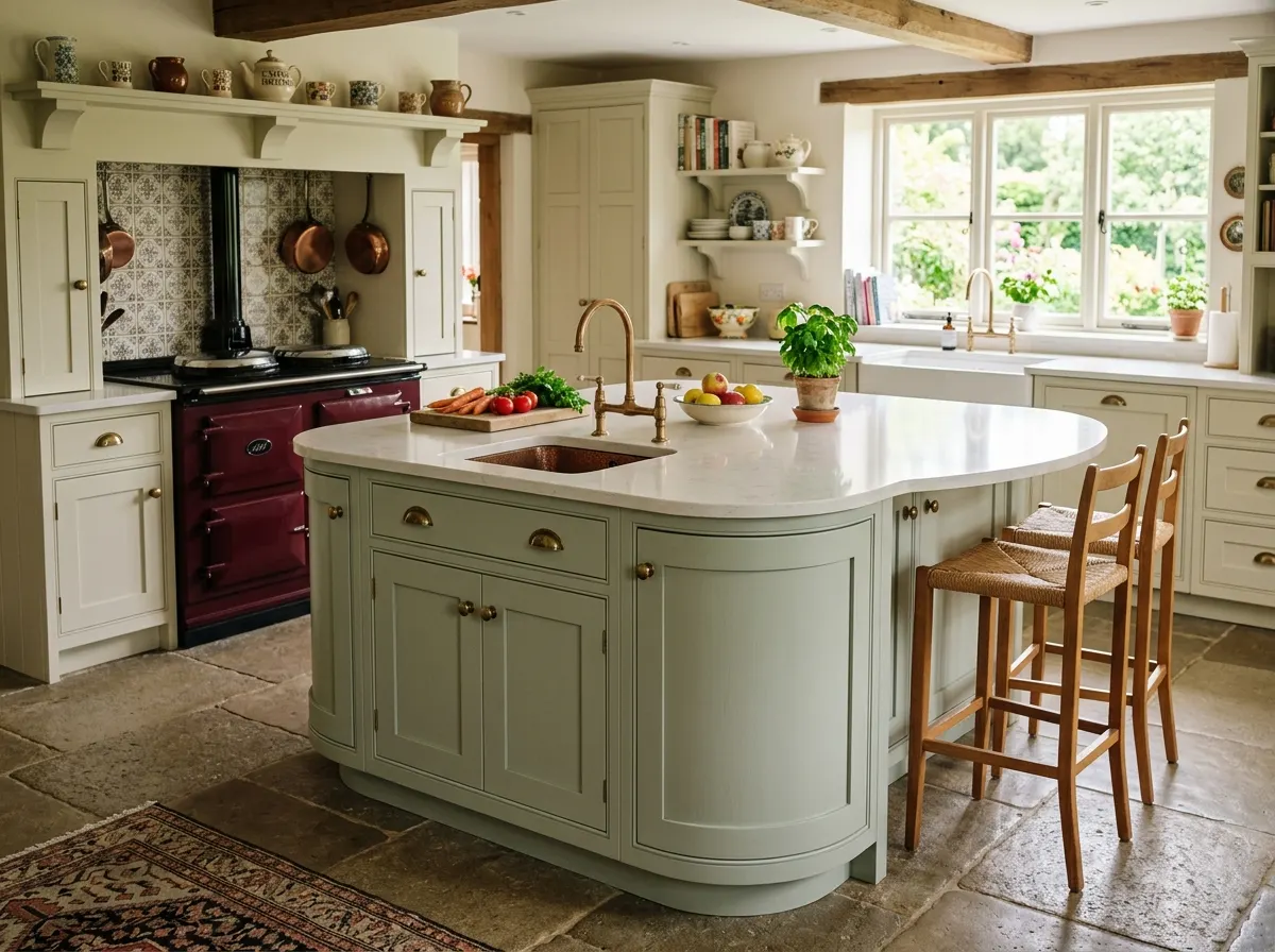 A bespoke kitchen island featuring smooth curved radius corners and curved cabinetry