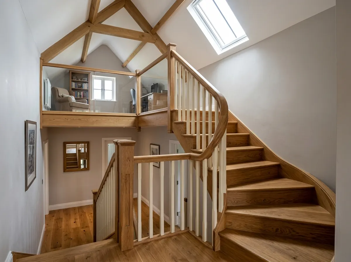 Bespoke oak staircase winding up into a new loft conversion