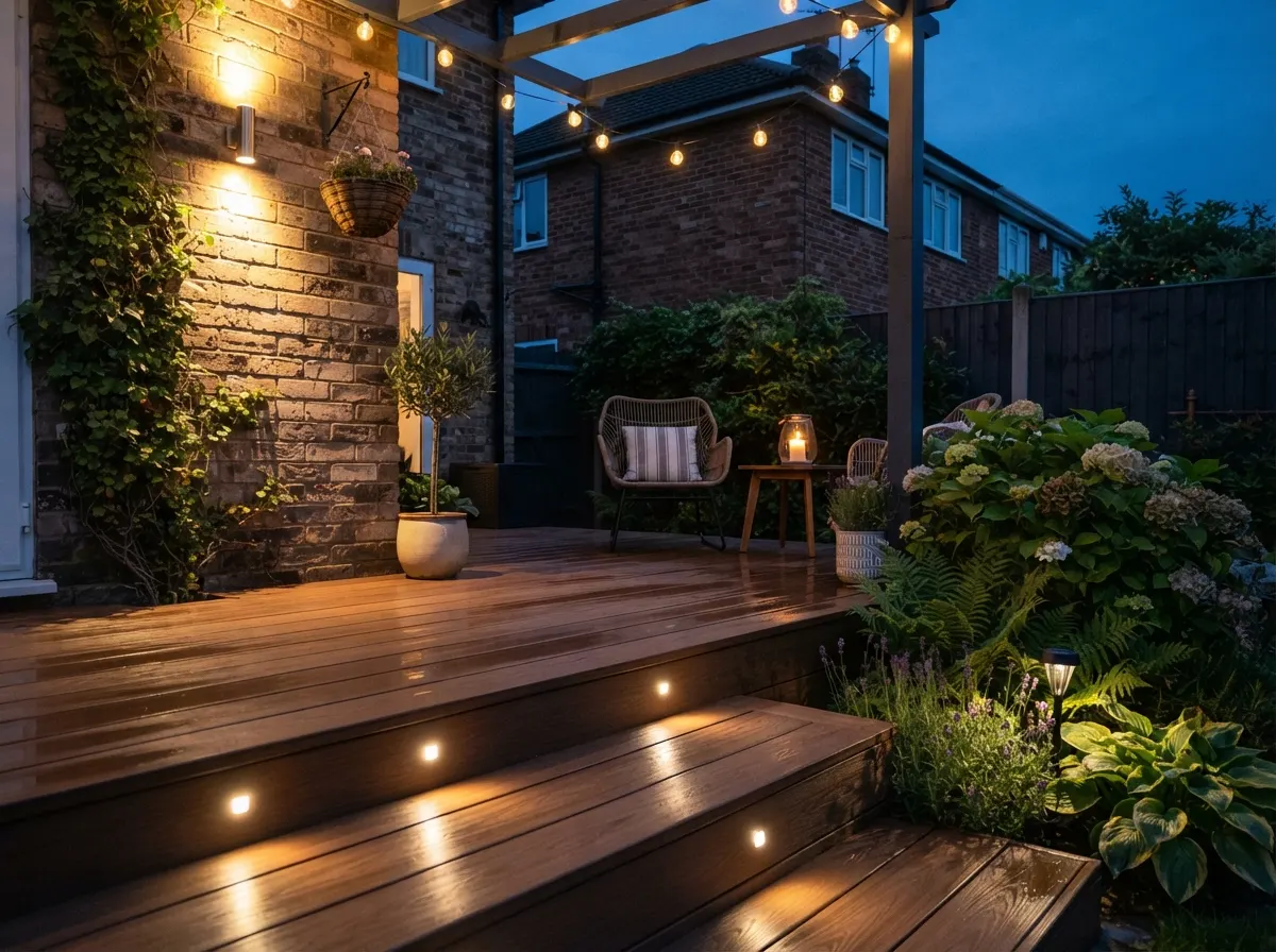 Small blue LED uplights recessed into composite decking boards illuminating at night