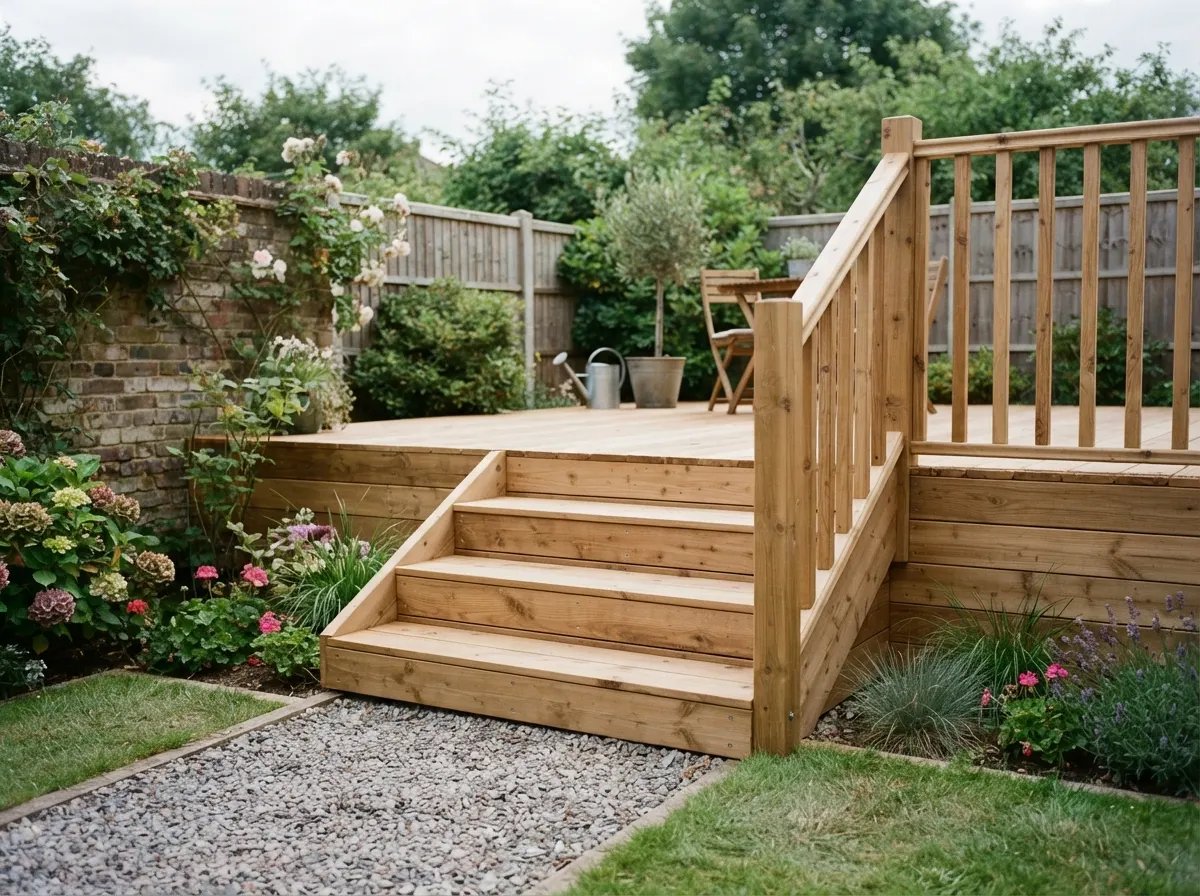 Wide boxed-in decking steps leading down from a raised deck onto a lawn
