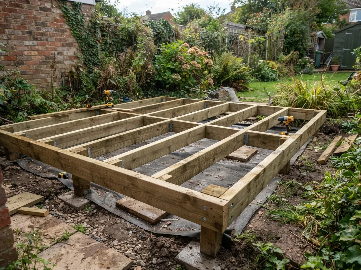A robust timber sub-frame structural grid laid out over a weed membrane prior to decking boards being installed