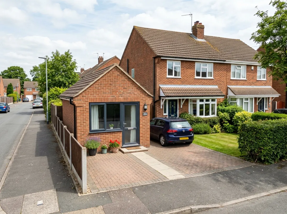 A standalone detached brick garage sitting separately at the bottom of a driveway