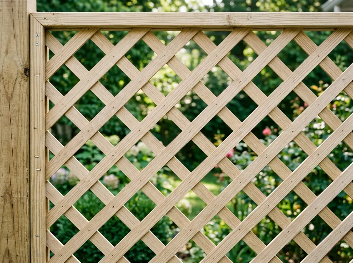 Diamond lattice trellis fencing with climbing plants