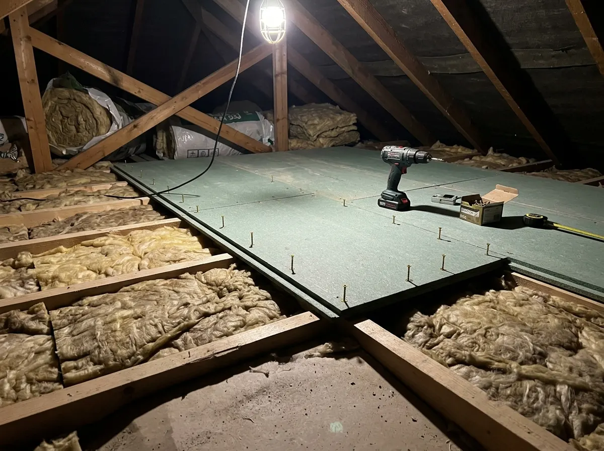 Chipboard loft panels screwed directly onto thin timber joists compressing insulation