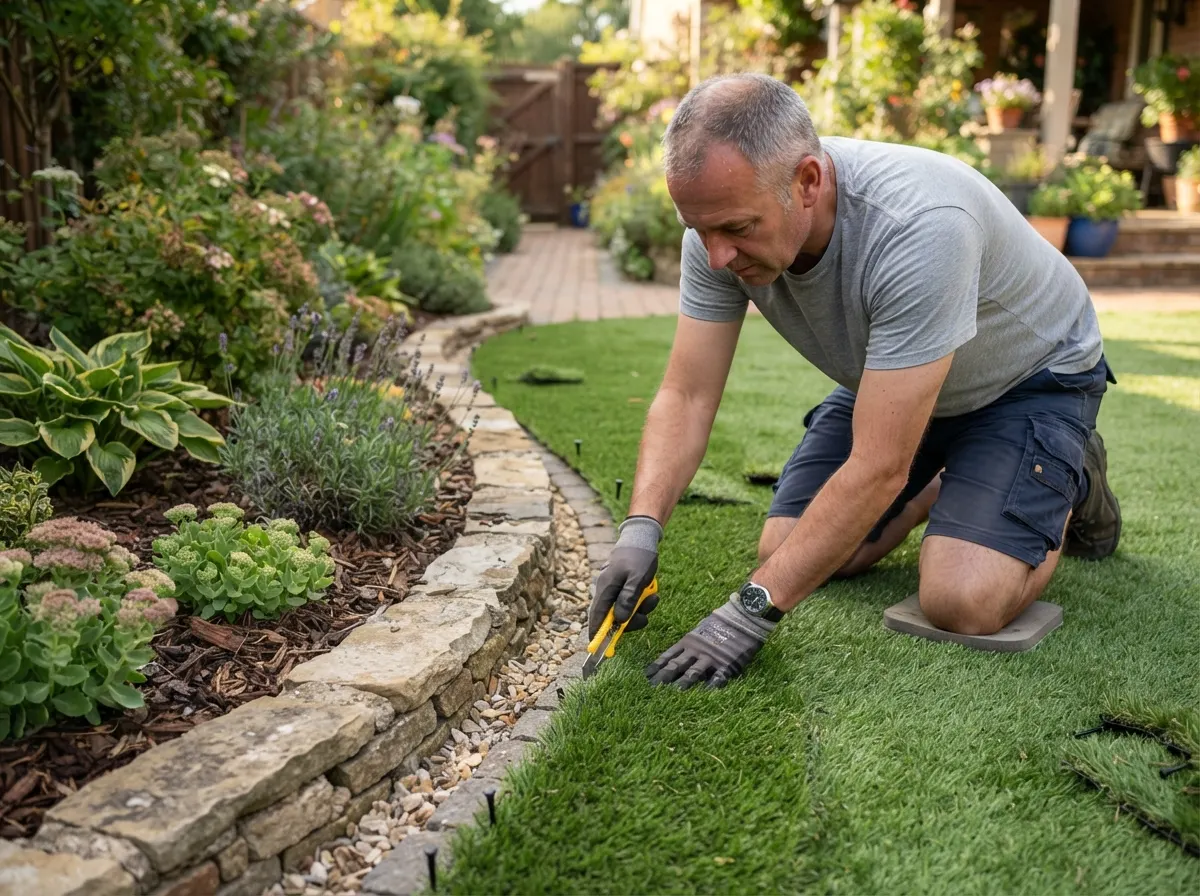 Homeowner trimming artificial grass with a utility knife along a garden border