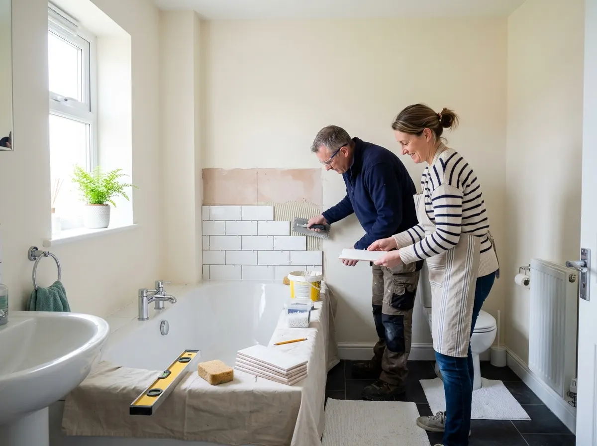 Homeowner placing tile spacers on a bathroom wall