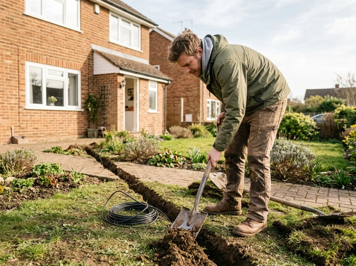 Homeowner digging a cable trench across a garden lawn to prepare for an EV charger installation