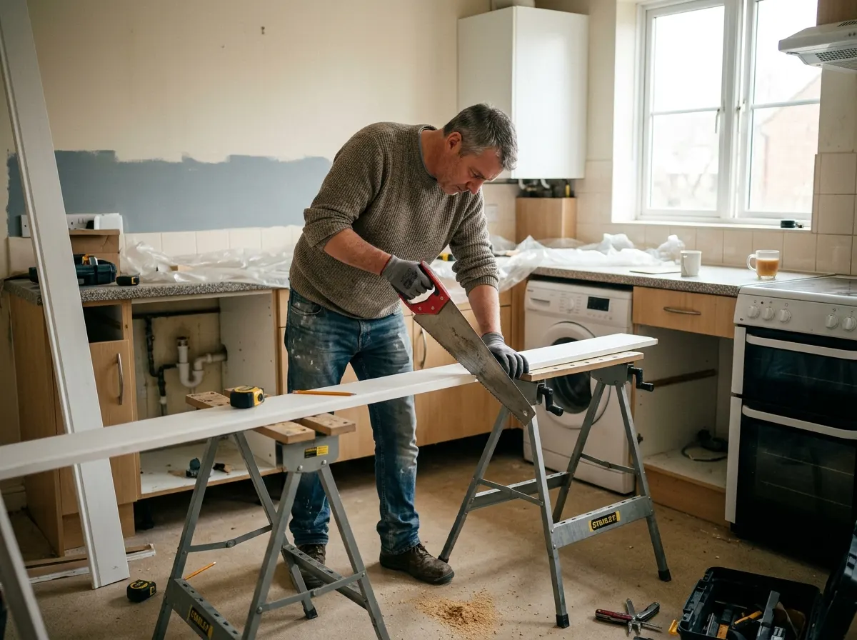 Homeowner attempting to cut skirting board with a hand saw