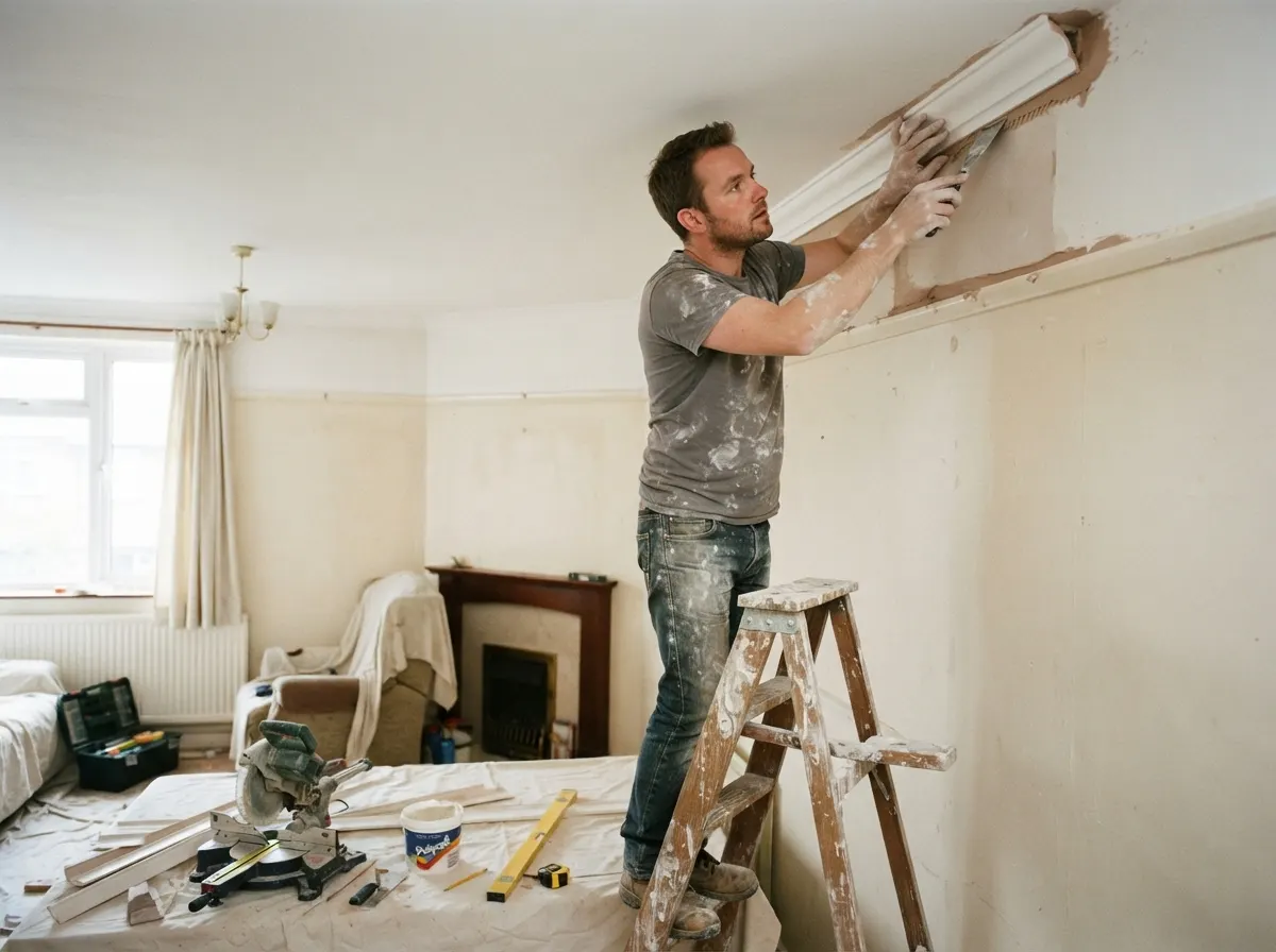 A DIY homeowner using a hand saw and a plastic mitre box to cut a 45 degree angle into a strip of coving