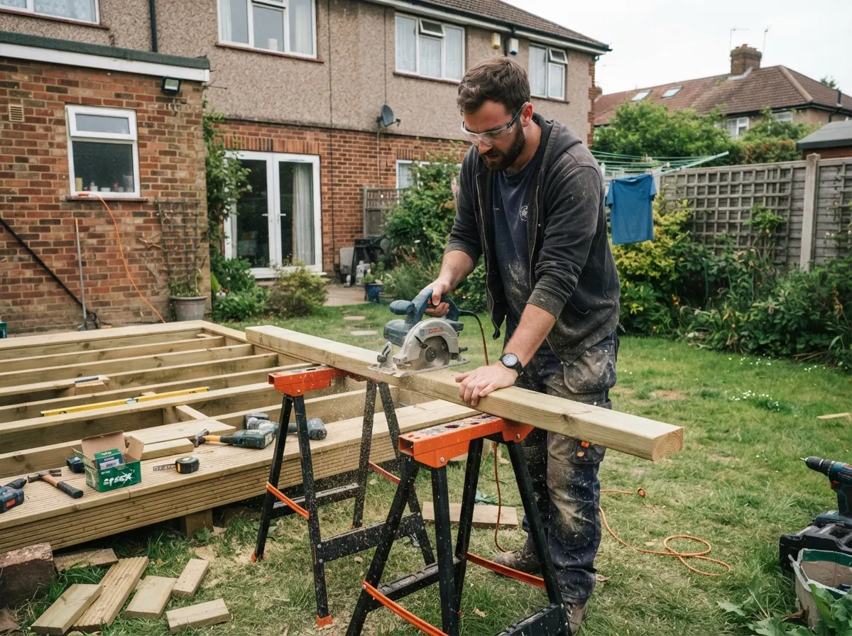 A homeowner using a cordless drill to screw down wooden decking boards to a timber sub-frame during a DIY project